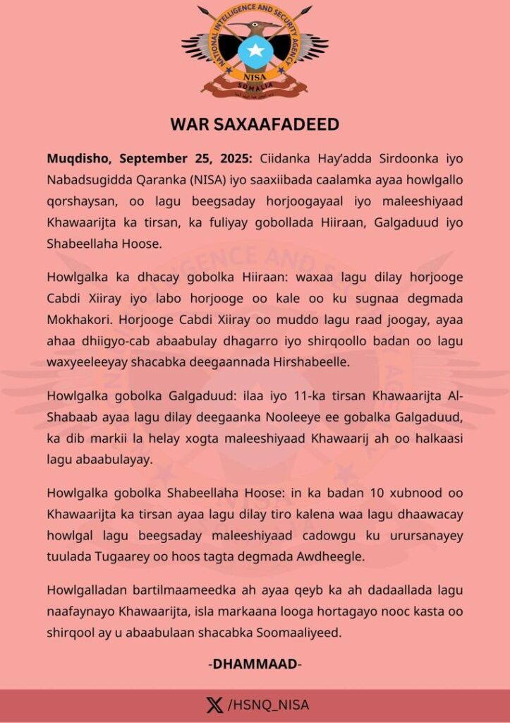 Ciidanka Hay’adda Sirdoonka iyo Nabadsugidda Qaranka (NISA) iyo saaxiibada caalamka ayaa howlgallo qorshaysan oo lagu beegsaday horjoogayaal iyo maleeshiyaad ka tirsan Khawaarijta ka fuliyey gobollada Hiiraan, Galgaduud iyo Shabeellaha Hoose.